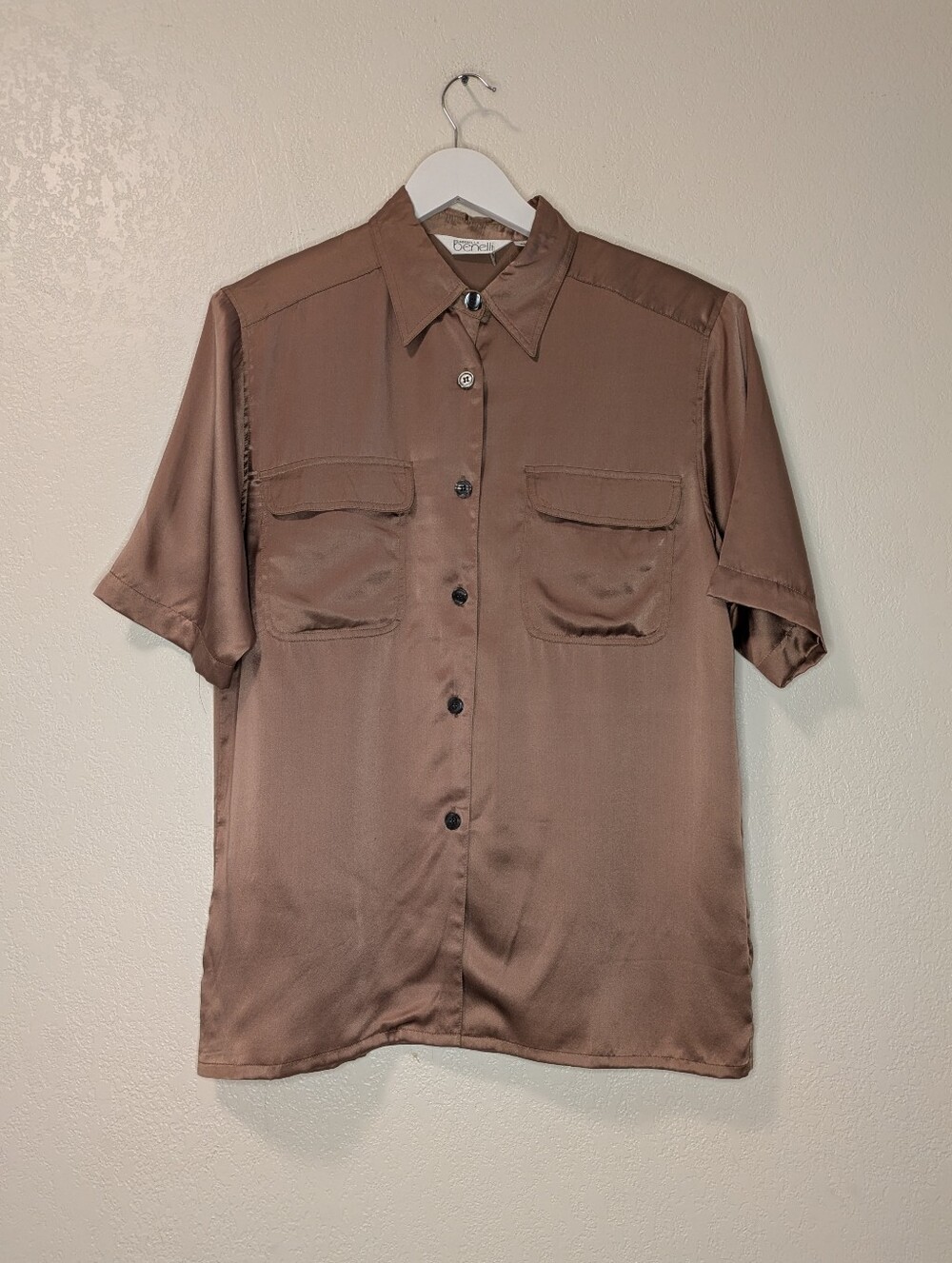 Vintage Gabriella Benelli 100% Silk Top Brown Satin Sz 40 M/L